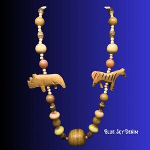 Handmade Wood Bead Playful Animal Necklace 1990s